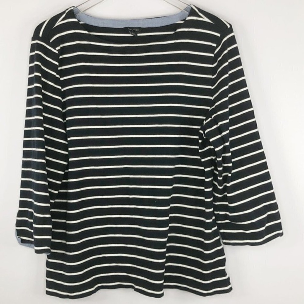 Nautica Navy Blue & White Striped 3/4 Cuff Sleeve Cotton Top Women's Size‎ XXL